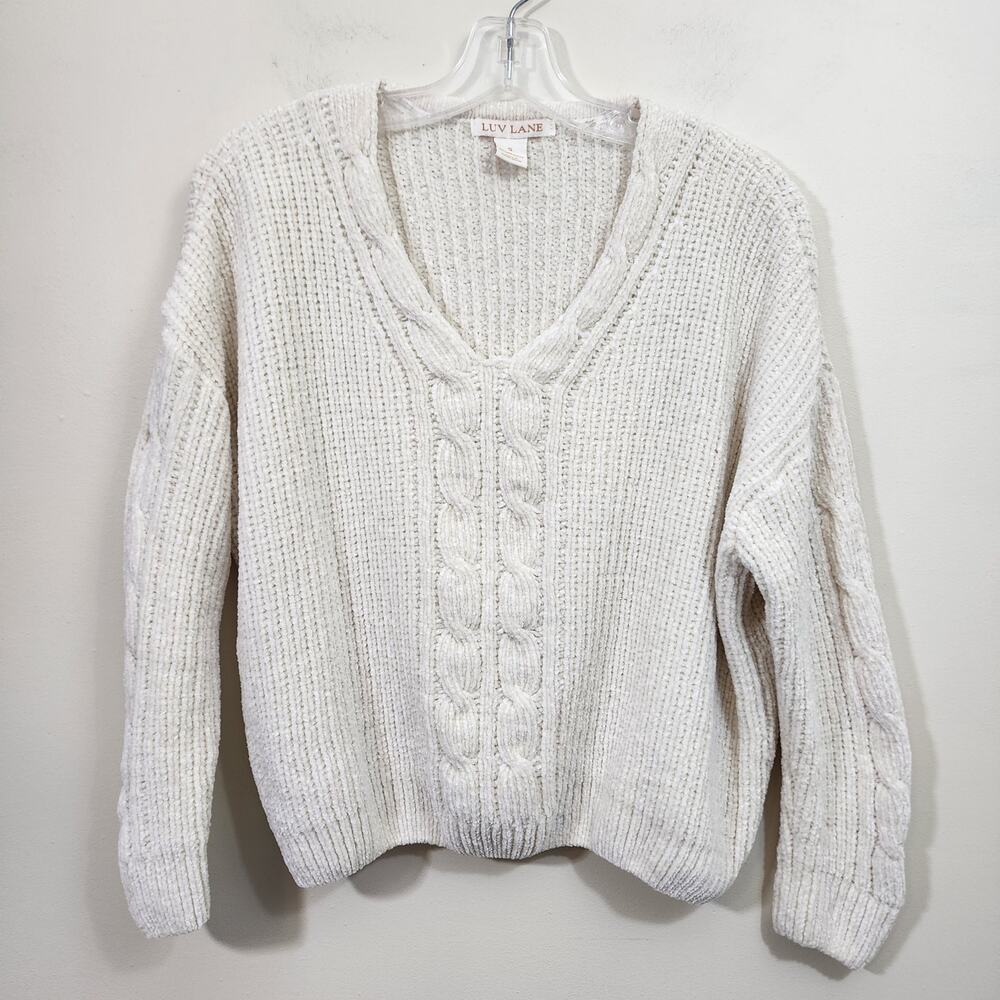 Luv Lane Chenille v-neck open cable knit oversized crop ped sweater woman size S